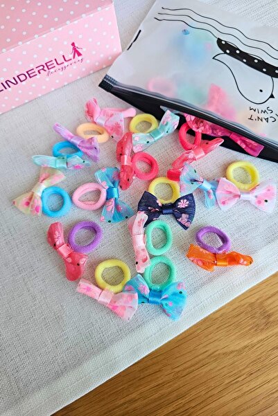 Cinderella 20'li Çantalı Çiçekli Fiyonk Kız Bebek Yumuşak Havlu Lastik Toka S...