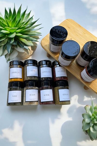 EG75 8 Pcs 200ml. Spice Rack Set with Private Label and Double Lid (16 Pieces Spice Rack Label with Gift)