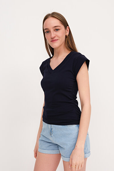 Addax Gathered Side V-Neck T-Shirt P1566-S1