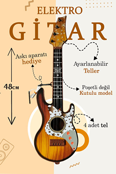 Genel Markalar 48cm Oyuncak Elektro Gitar - Akort Edilebilir 6 Telli Kahverengi Elektro Çocuk Gitarı Askı Aparatlı