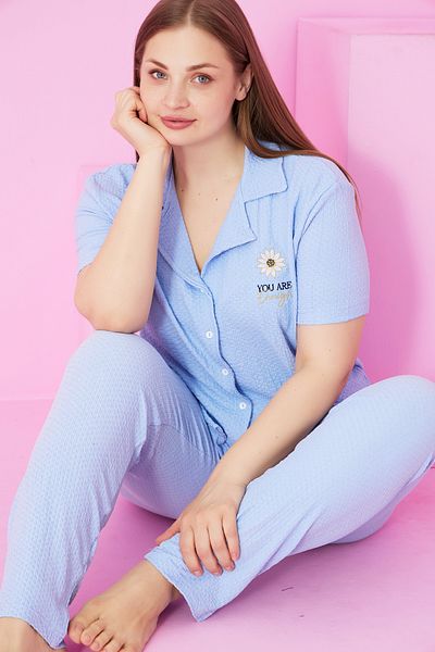 Siyah İnci Blue Wrinkled Crinkle Fabric Knitted Large Size Buttoned Pajama Suit7874