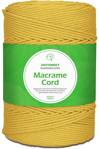 ANYUNKEY Macrame Craft Roll, Cotton, Yellow, 400m X 3 Mm