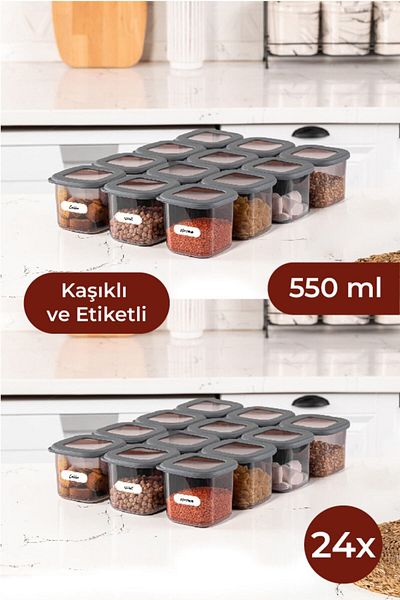 Vienev Foly Square Food Storage Container with Labeled Spoon Set of 24 0.55 Small Size Anthracite