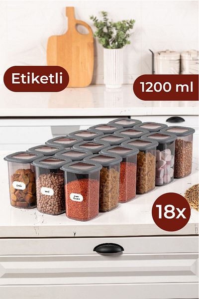 Vienev Labeled Foly Square Food Storage Container Set 18 Pieces 1.2 Medium Size Anthracite