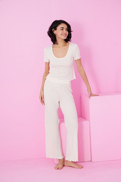 Siyah İnci Ecru Soft Touch Thin Seasonal Knitted Pajama Suit7869