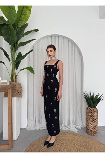 ETİKAFASHION Kalın Askılı Taşlı Atlas Elbise