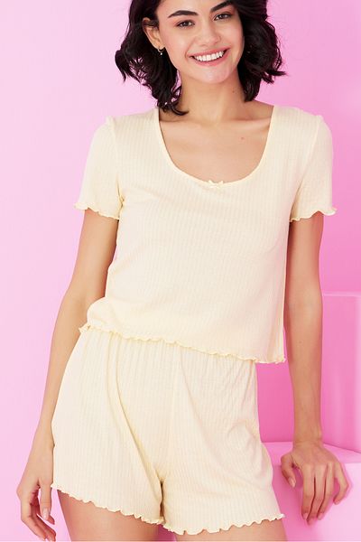 Siyah İnci Yellow Soft Touch Thin Seasonal Knitted Shorts Set7870
