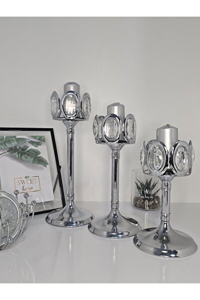 YNSK Kristal Cam Detaylı 3’lü Gold Şamdan