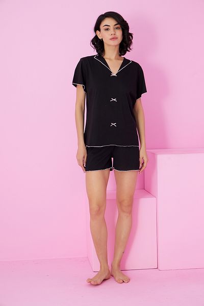 Siyah İnci Black Bow Knitted Shorts Set7872