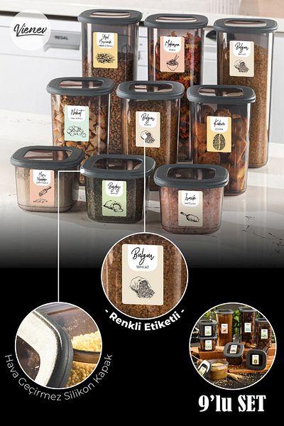 Vienev 9-Piece Foy Square Food Storage Container with Colorful Labels 3x (0.55 Liters, 1.2 Liters, 1.75 Liters) Anthracite