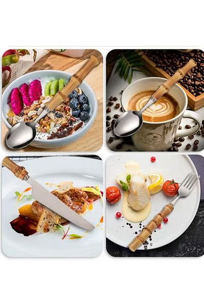 Generic مجموعة أدوات مائدة Duniso الإبداعية من الفولاذ المقاوم للصدأ بمقبض من الخيزران مكونة من 4 قطع، بما في ذلك السكين والشوكة والملعقة