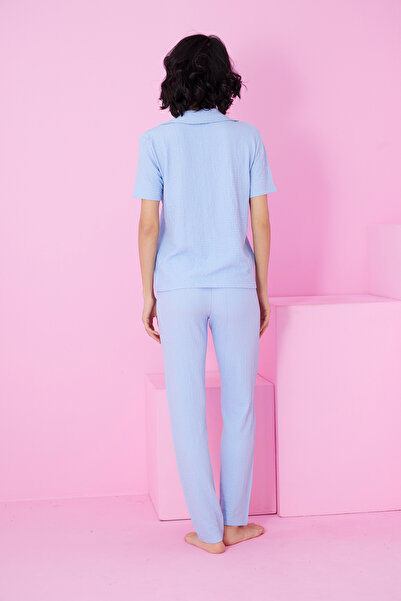 Siyah İnci Costum de pijama cu nasturi tricotat din țesătură încrețită albastră7873