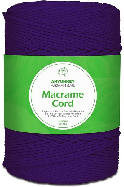 ANYUNKEY Macrame Craft Roll, Cotton, Dark Purple, 400m X 3 Mm