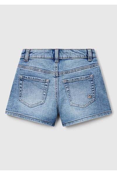 United Colors of Benetton Girl's Light Denim Stone Wash Logo Embroidered Stretch Denim Shorts