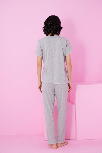 Siyah İnci Gri Fiyonklu Örme Pijama Takım7871