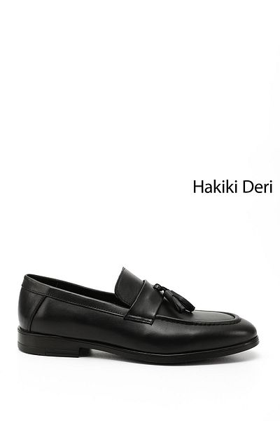 GÖNDERİ(R) Men's Black Tasseled Genuine Leather Loafer Shoes