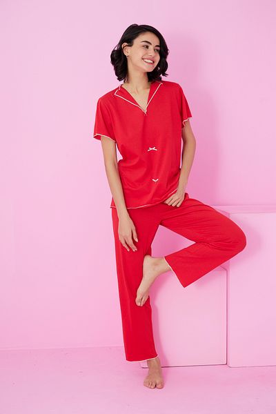 Siyah İnci Red Bow Knitted Pajama Set7871