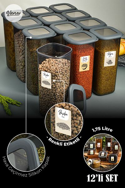 Vienev 12-Piece Foly Square Food Storage Container with Colorful Labels 1.75 Liters Anthracite