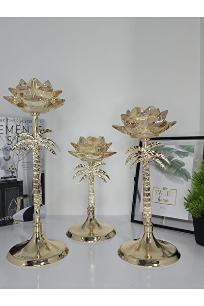 YNSK 3'lü Palmiye Gold Şamdan