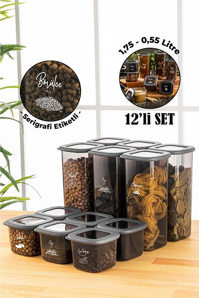 Vienev 12-Piece Foil Square Food Storage Container with Screen Printing Label 6x (0.55 Liters, 1.75 Liters) Anthracite