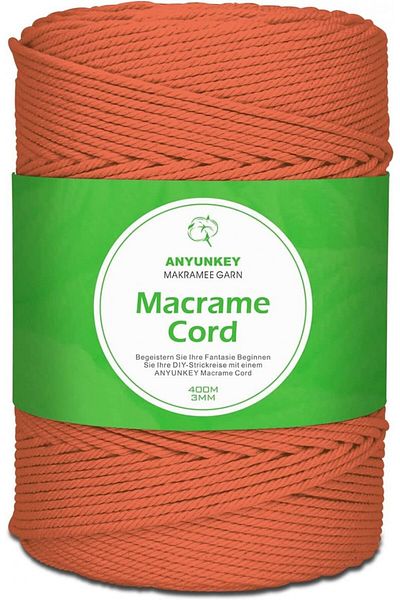 ANYUNKEY Macrame Craft Roll, Cotton, Orange, 400m X 3 Mm