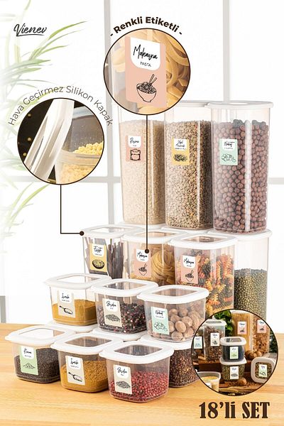 Vienev 18 Pieces Foy Square Food Storage Container with Colorful Label 9x (0.55 Liters, 1.75 Liters) White