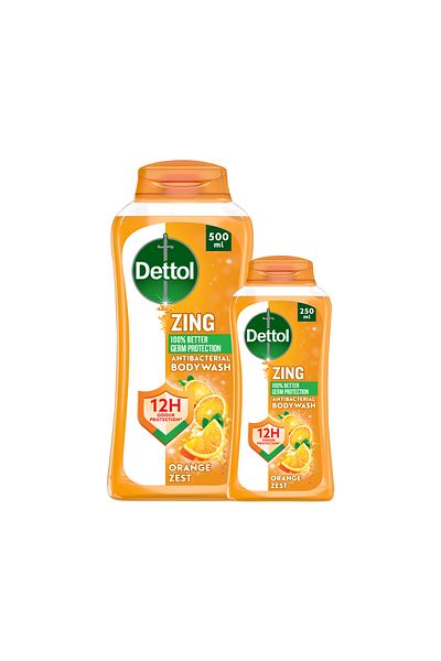 Dettol Zing Antibacterial Bodywash, Orange Zest, 250ml and 500ml (Pack of 2)