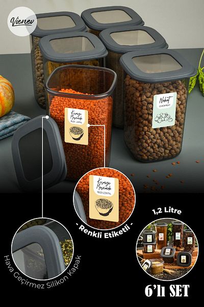 Vienev 6-Piece Foly Square Food Storage Container with Colorful Labels 1.2 Liter Anthracite