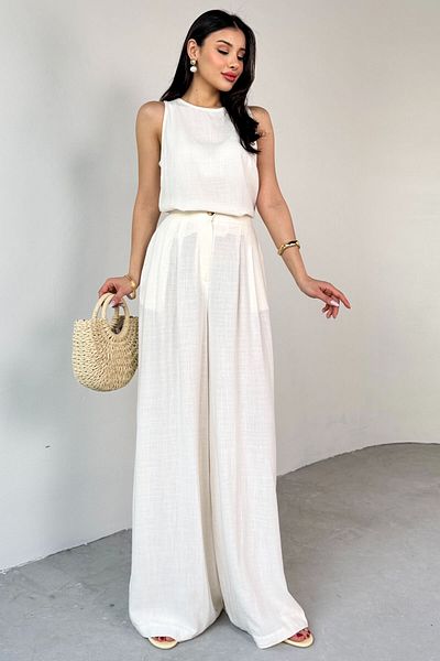 Cappmoda Tkm-13259 Stone Color Round Neck Tank Top Palazzo Pants Linen Two-Piece Set