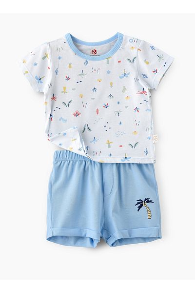 Basicxx Boys' Light Blue Printed Cotton T Shirt and Shorts Set