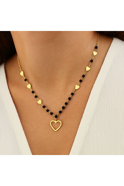 ECARLA Double necklace with golden hearts and black beads 14K gold plated surgical steel, Ecarla, NST1419