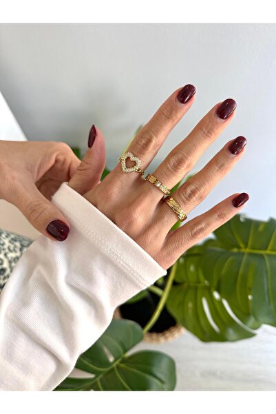 Seda Bijuteri Çelik Şerit Desenli Taşlı Yüzük Gold