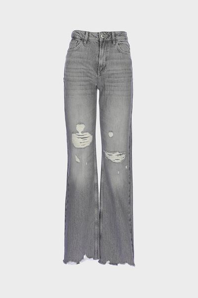 CROSS JEANS Light Gray High Waist Patı Zippered Frayed Vintage Straight Fit Jean Trousers C 4931-010