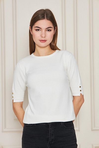 Irmak Kerekli Women's Ecru Crew Neck Snap Fastener Short Sleeve Knitwear Blouse 1070