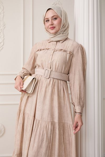 InStyle فستان فيسكوز بيج مع فتحة مكشكشة