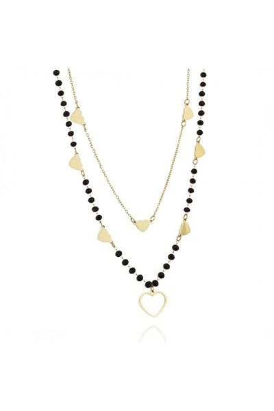 ECARLA Double necklace with golden hearts and black beads 14K gold plated surgical steel, Ecarla, NST1419