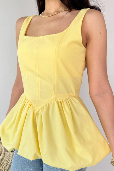 Cappmoda Blz-06284 Yellow Strap Lined Balloon Blouse