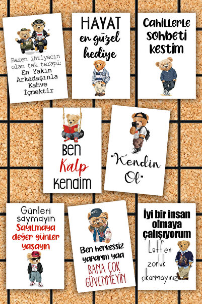 Pankart Evi 8li Teddy Bear Ayıcık Motto Pano Sunum Kahve Kartları