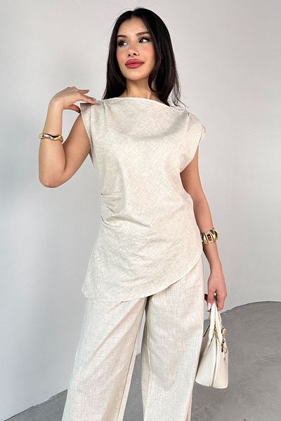 Cappmoda Tkm-13260 Stone Color Asymmetric Cut Pleat Detailed Blouse Loose Trousers Double Set