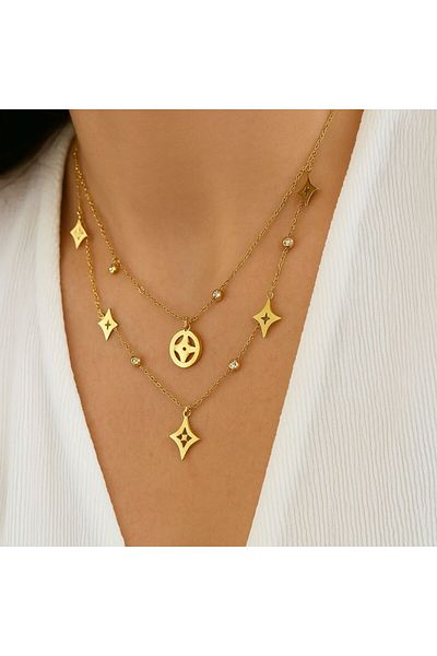 ECARLA Elegant necklace with geometric pendants and crystals 14K gold-plated stainless steel