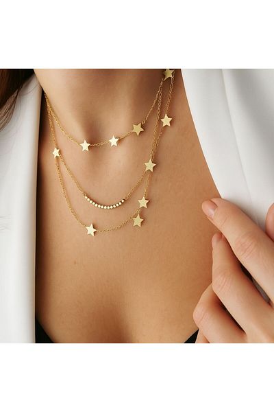 ECARLA Shiny Necklace With Golden Stars – 14k Gold Plated Stainless Steel, , Nst1149