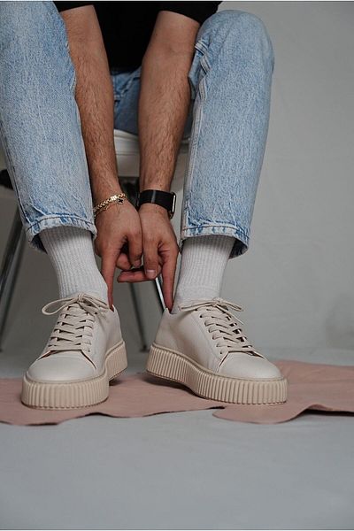 TETRİ Montrax Model Real Leather Handmade Men's Beige Sneakers Shoes