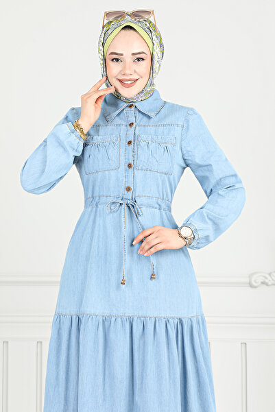 ModaMerve Rochie din denim cu manșetă elastică 25019MTS1095-M Denim deschis