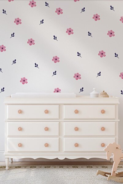 MSticker Soft Renklerde Pembe Çiçekler ve Yapraklar Dekoratif Sticker Seti Duvar Kağıdı Görünümlü Sticker