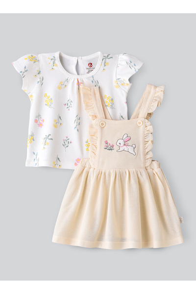 Basicxx طقم فستان دانغري مطرز بأرنب وقميص مزهر للبنات