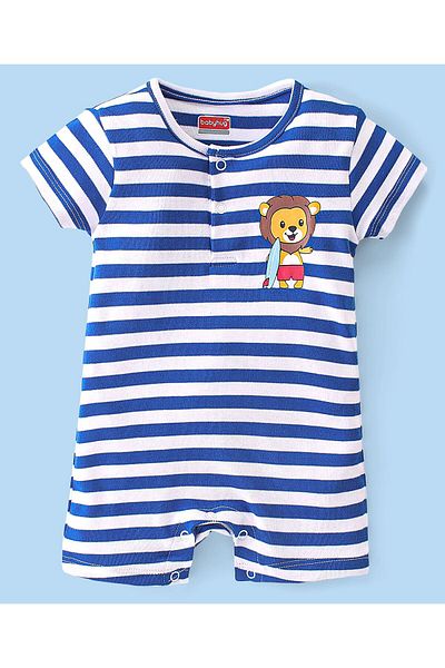 Babyhug Babyhug 100% Cotton Knit Half Sleeves Rompers With Striped & Lion Print Pack Of 2 - White & Blue