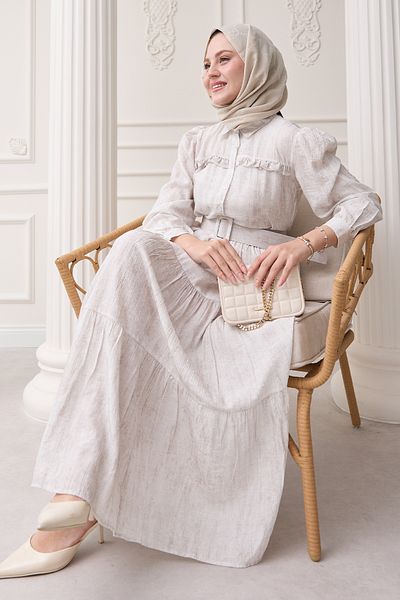 InStyle Ecru Viscose Dress with Ruffled Placket