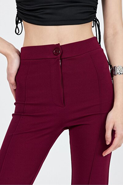 Rays Bordo Straight/Düz Kesim Yüksek Bel Nervür Dikişli Örme Pantolon 6873