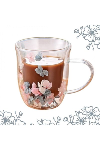 ECARLA Cană cu flori uscate, pereți dubli, sticlă borosilicată, izolație termică, hortensie, 300 ml