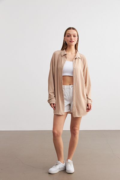 Trendseninle Γυναικείο Μπεζ Oversize Μακρύ Πουκάμισο
